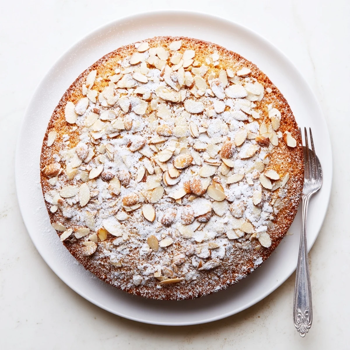 Close-up of baked almond cake with textured almond topping and a light dusting of powdered sugar.