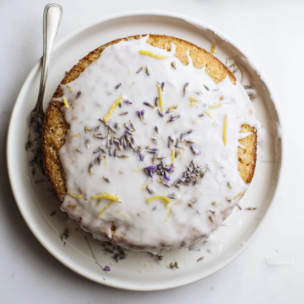 Moist Lemon Lavender Cake brushed with syrup, glistening glaze, perfect for an afternoon dessert treat.