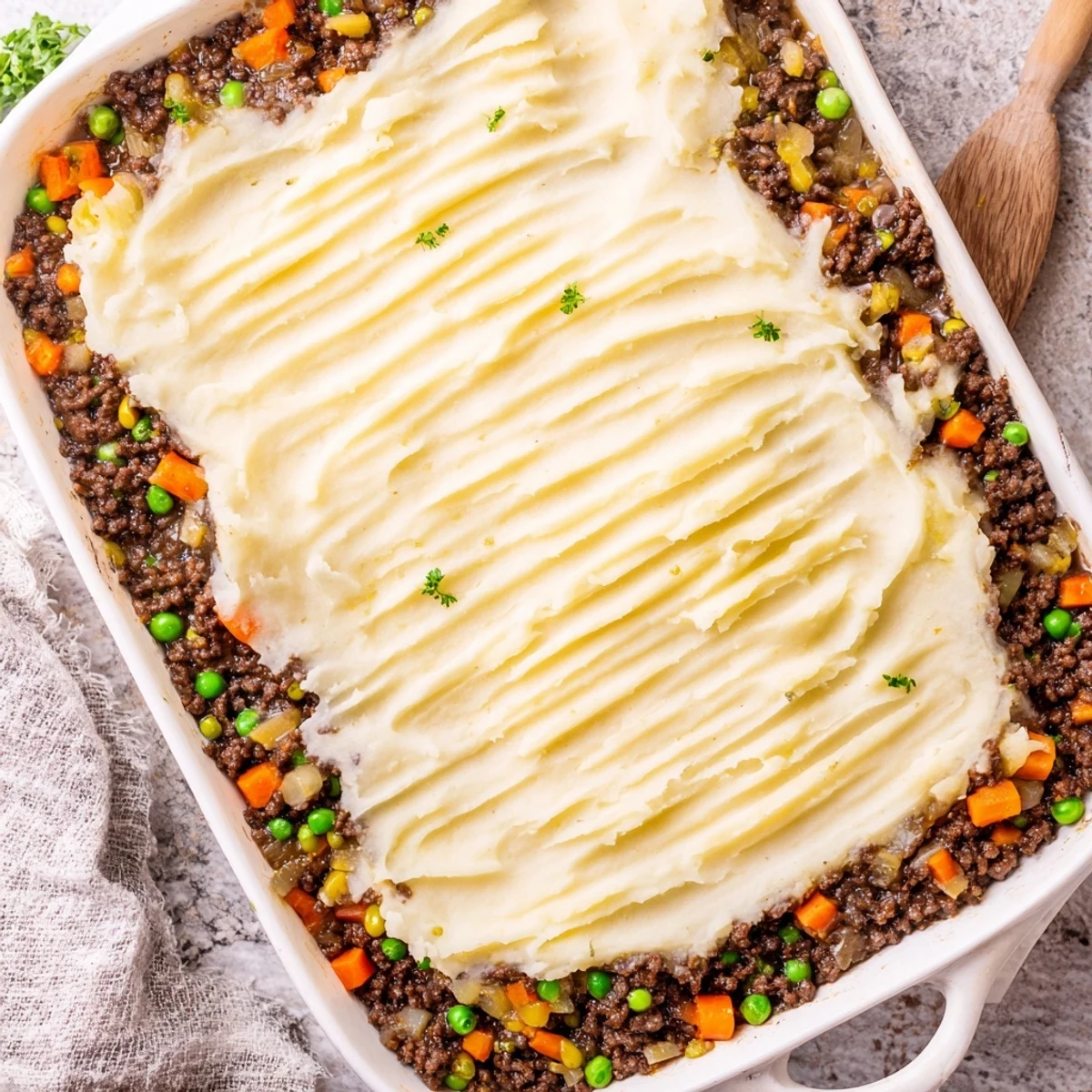 Freshly baked Easy Shepherds Pie with golden, ridged mashed potatoes over a rich beef and vegetable filling.