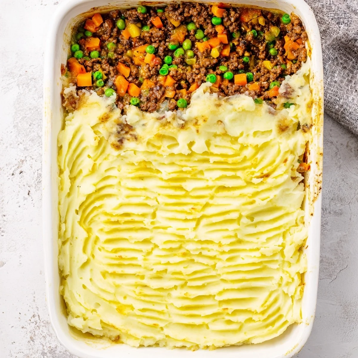 Easy Shepherds Pie features creamy potato topping and a savory ground beef and pea mixture ready to serve.