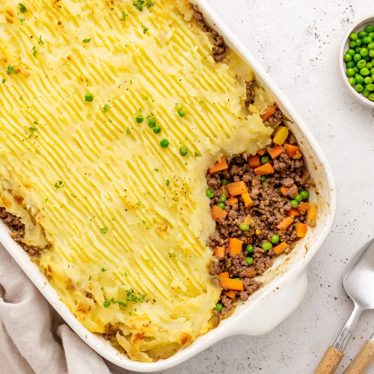 A close-up of bubbling Easy Shepherds Pie with golden brown peaks, served straight from the oven.