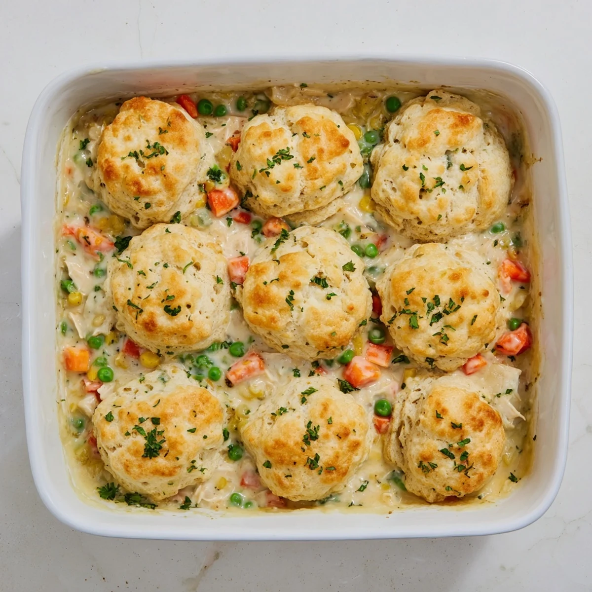 Freshly baked Red Lobster Biscuit Chicken Pot Pie emerges golden brown from the oven, with flaky cheddar biscuits over a creamy filling.