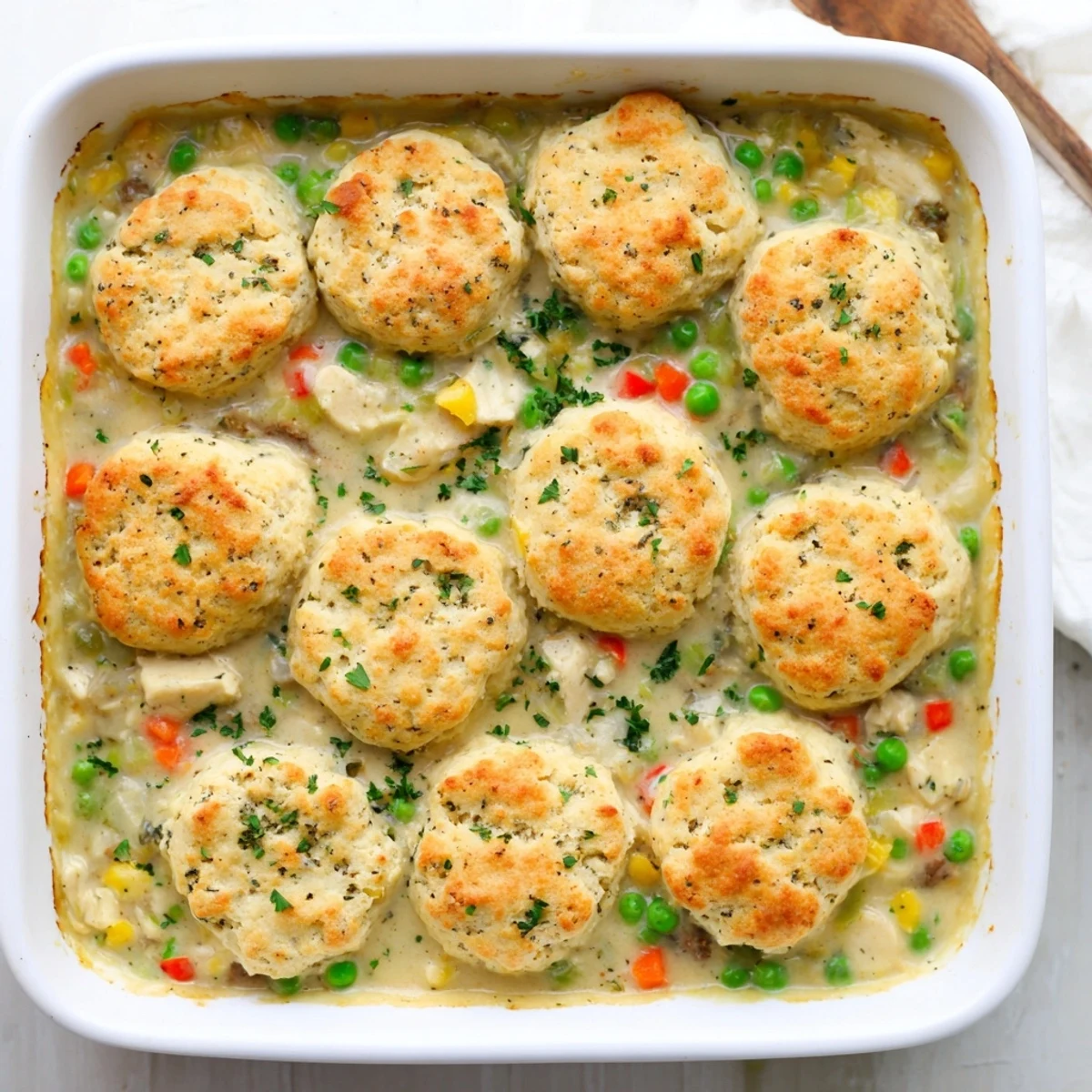 Creamy chicken and vegetable filling topped with garlicky Red Lobster Biscuit Chicken Pot Pie, served steaming hot in a rustic white baking dish.