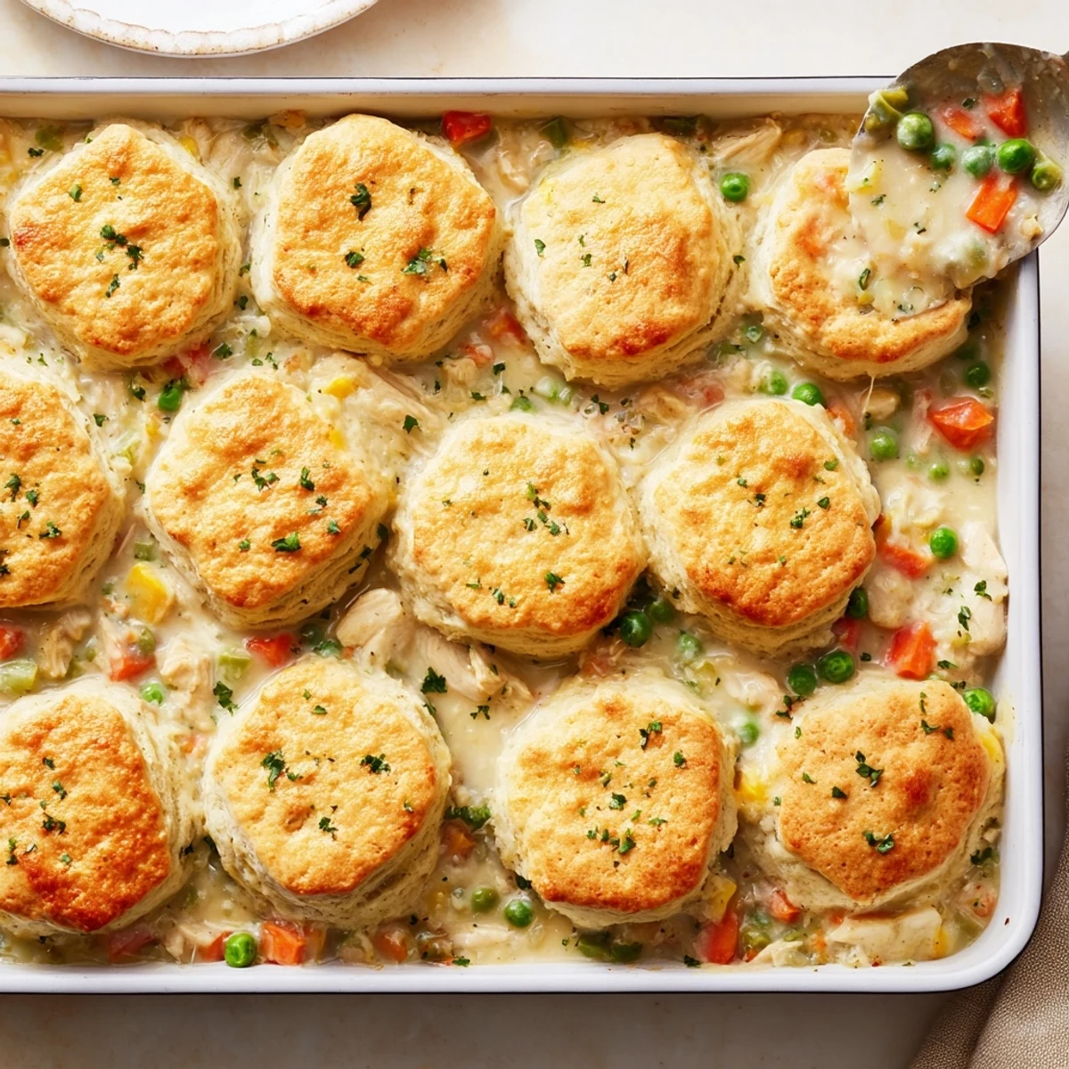 Comforting Red Lobster Biscuit Chicken Pot Pie with melted cheddar biscuits, visible peas and carrots, brushed with buttery garlic herb topping for dinner.