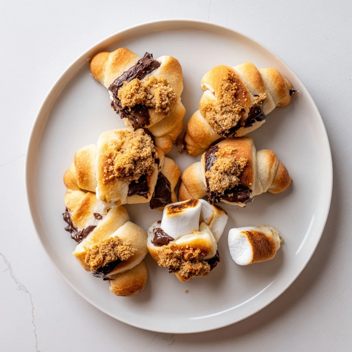 Golden-brown Smores Crescent Rolls on a baking sheet, with melted marshmallows and chocolate peeking from flaky layers.