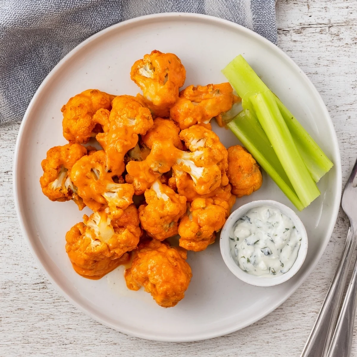 Golden, crispy Air Fryer Buffalo Cauliflower florets glistening with tangy red sauce, served on a plate with fresh celery sticks.