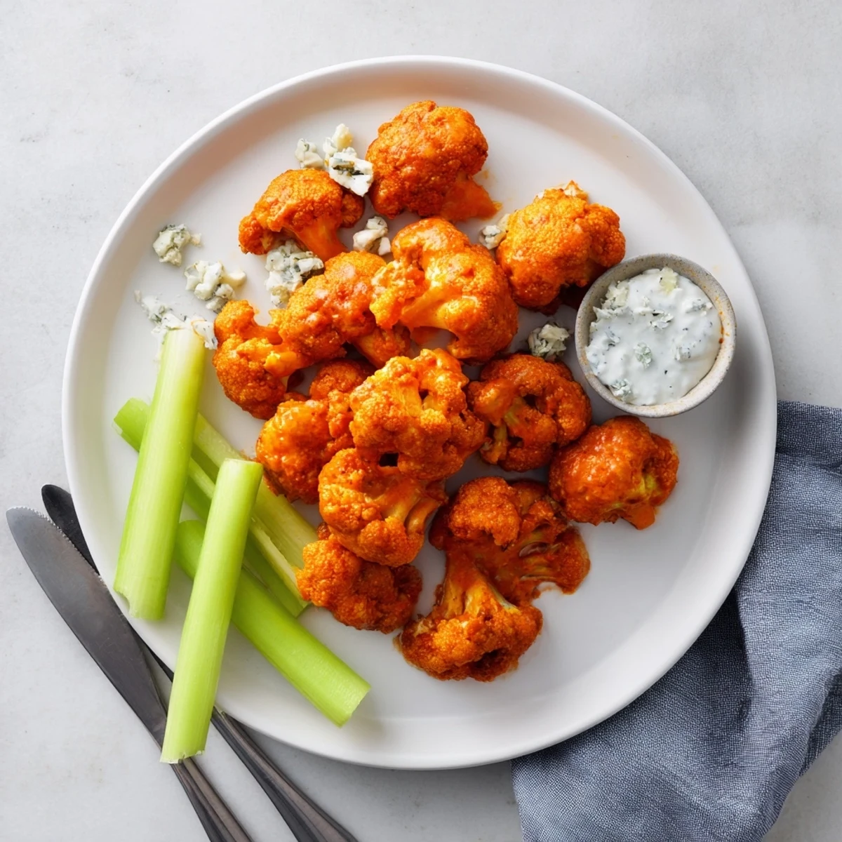 A close-up of Air Fryer Buffalo Cauliflower bites, showing a crunchy batter coating tossed in spicy buffalo sauce for dipping.