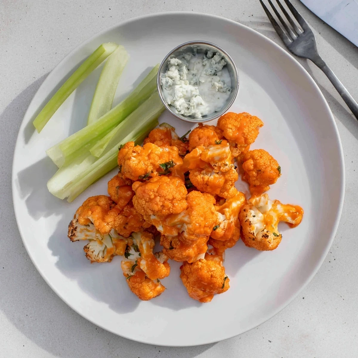 Vegetarian Air Fryer Buffalo Cauliflower appetizer, garnished with celery and a side of creamy ranch dressing on a rustic wooden table.