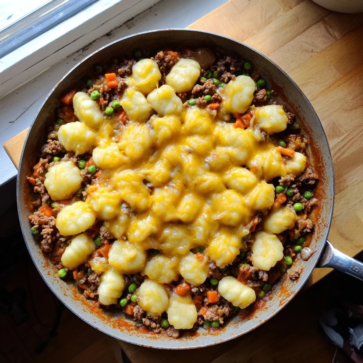 Golden-brown baked Quick Gnocchi Shepherds Pie with melted cheddar and Parmesan cheese in a rustic skillet.