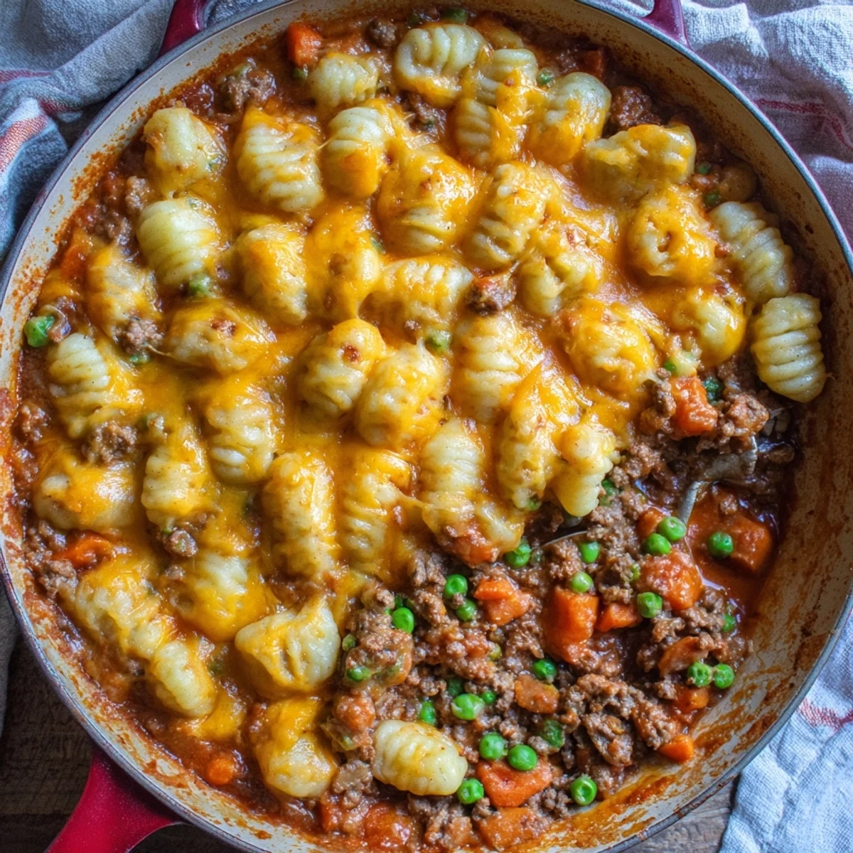 A close-up of Quick Gnocchi Shepherds Pie serving with a green salad on a wooden table.