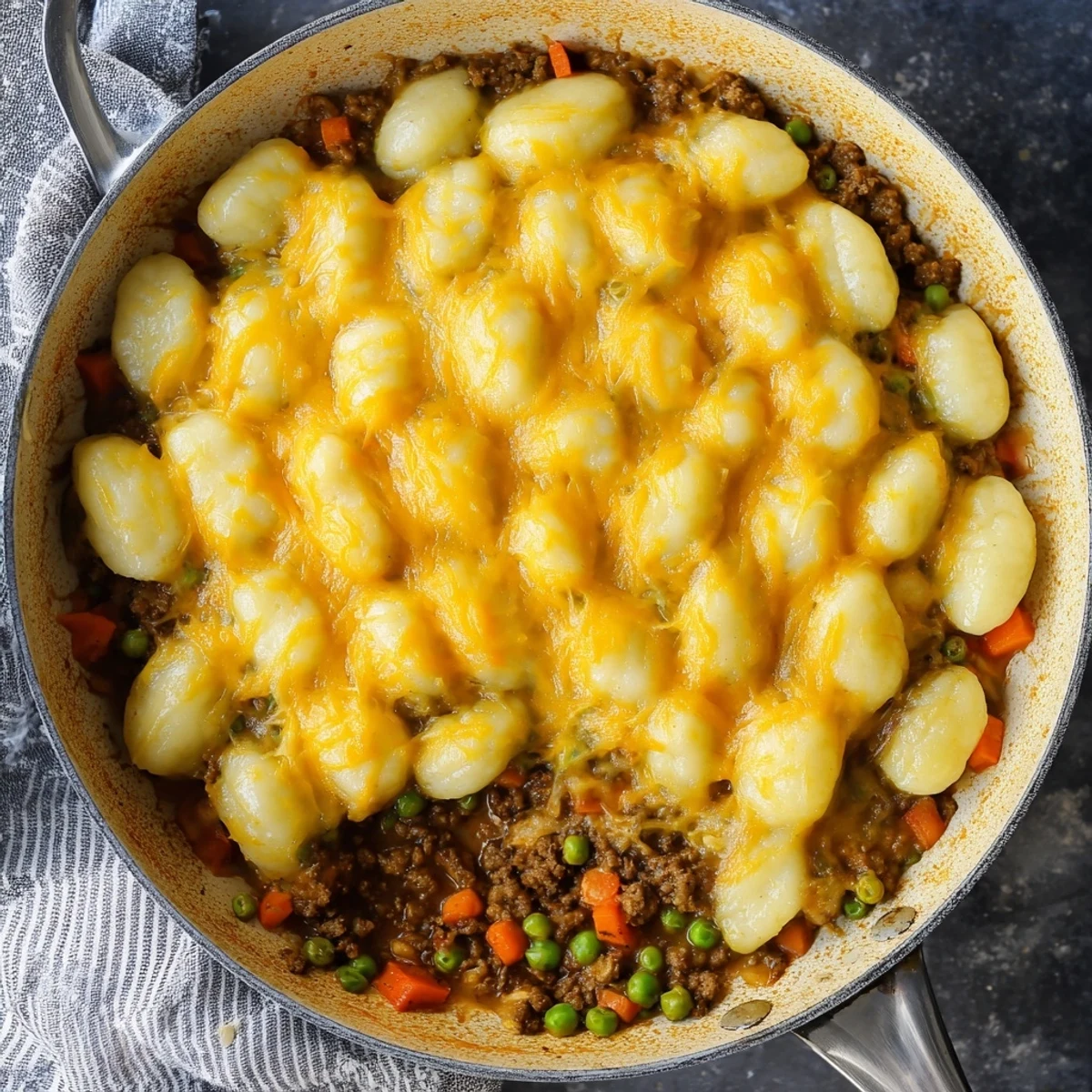 Spoon lifting a savory portion of Quick Gnocchi Shepherds Pie revealing meat, peas, and pillowy gnocchi.