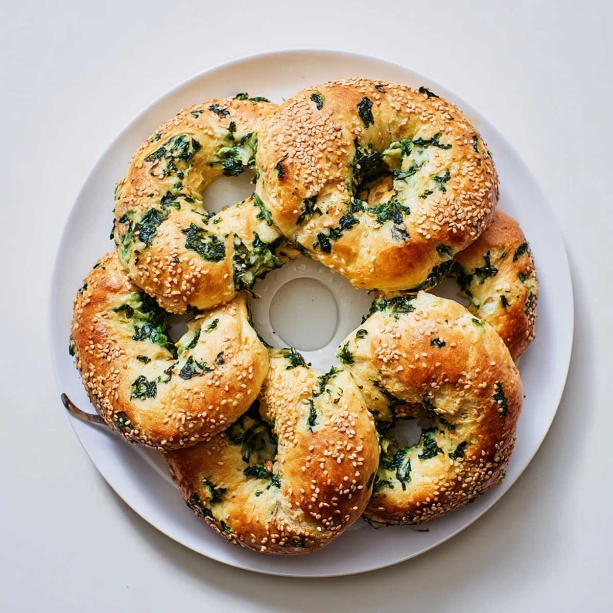 Two golden Spinach Cottage Cheese Flagels stacked beside a jar of cream cheese and fresh herbs.