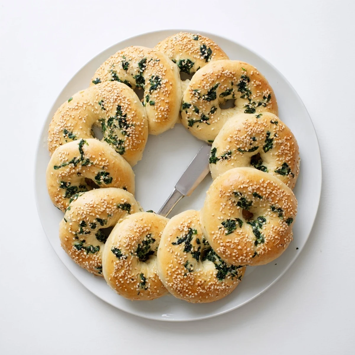 Warm Spinach Cottage Cheese Flagels are sliced open to reveal a soft, green-flecked interior on a rustic plate.