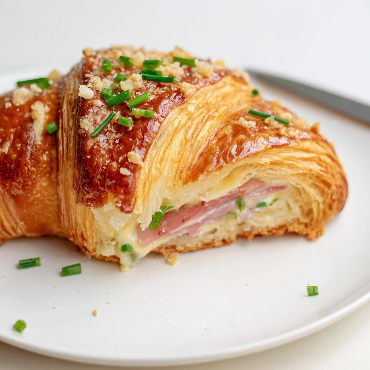 Flaky, golden Stuffed Croissants filled with melted Swiss cheese and savory ham on a rustic plate.