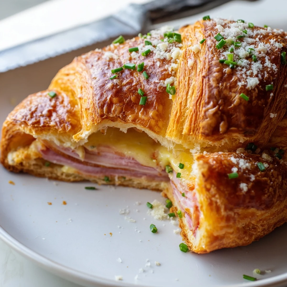 Warm Stuffed Croissants reveal melted cheese and ham beside a jar of tangy Dijon mustard.