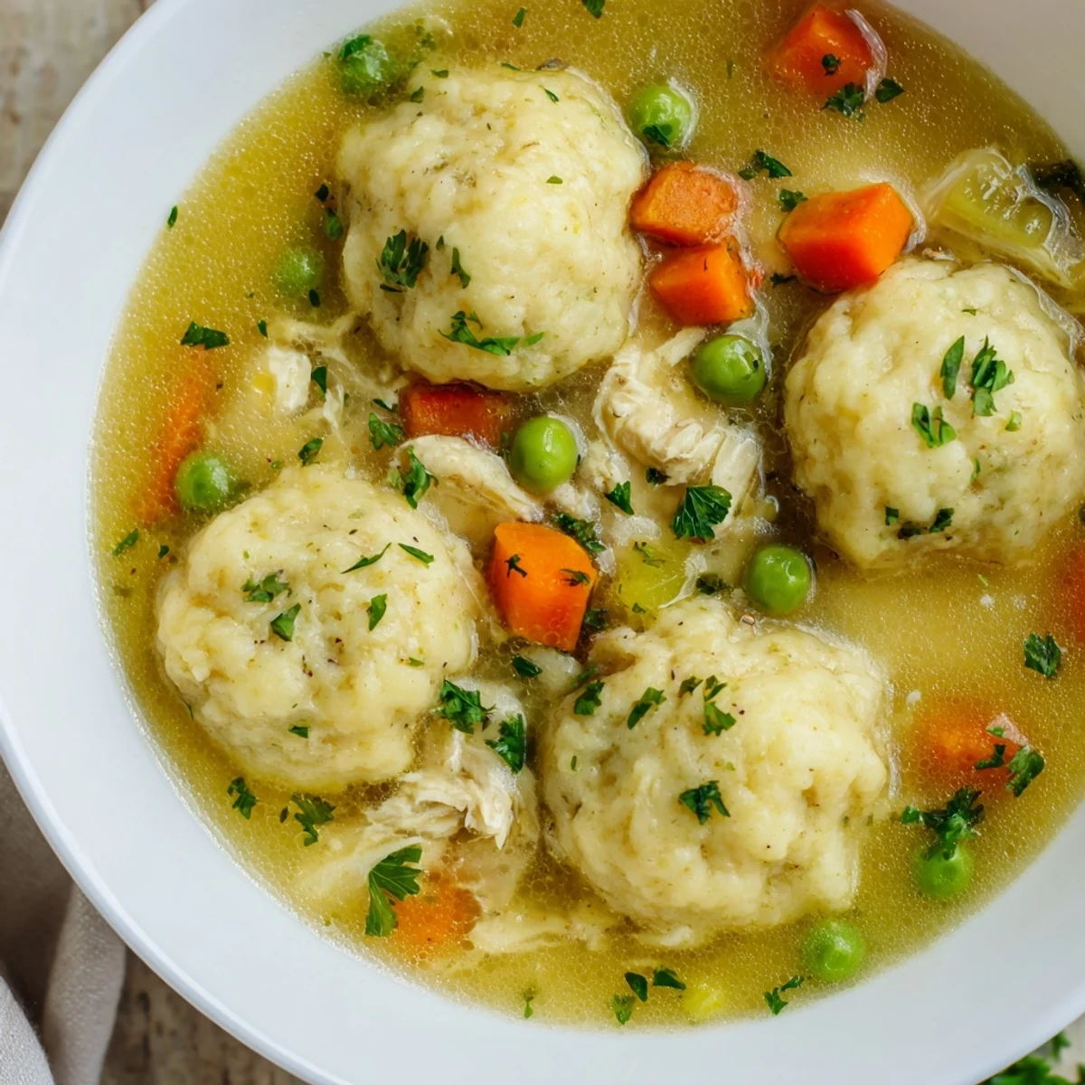 A steaming bowl of One Pot Chicken Dumpling Soup with fluffy dumplings and tender vegetables.