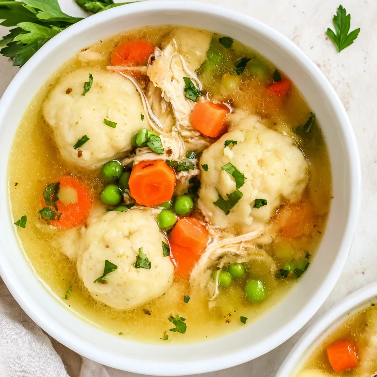 Close-up of One Pot Chicken Dumpling Soup with hearty dumplings and carrots in spoon.