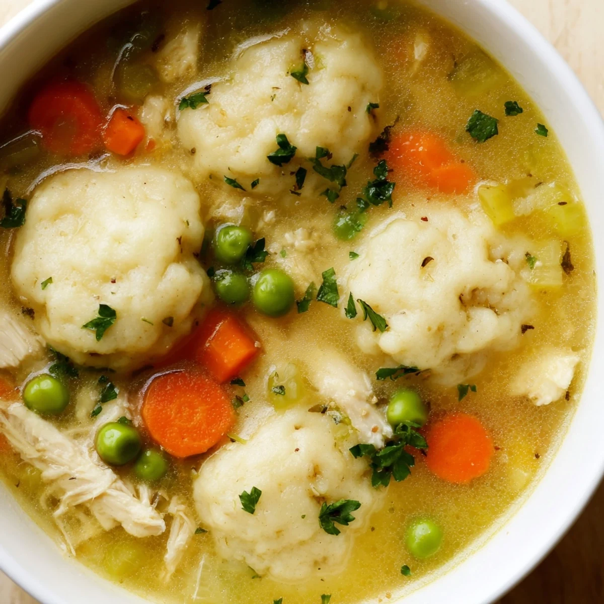 One Pot Chicken Dumpling Soup shows creamy broth, shredded chicken, and fresh parsley garnish.