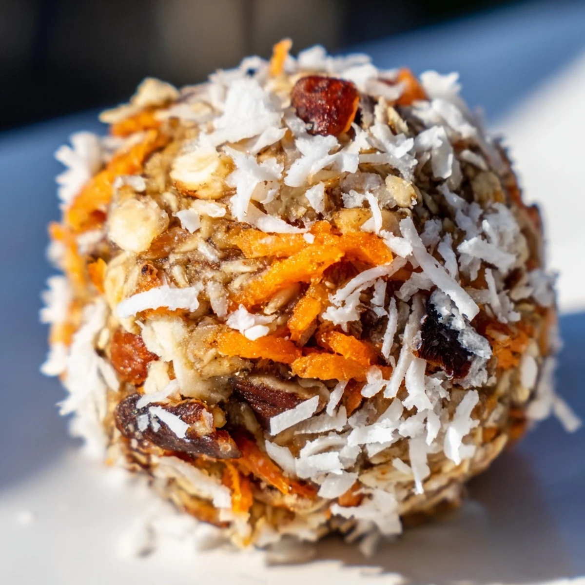 A close-up of No Bake Carrot Cake Bites coated in coconut, perfect for a healthy dessert.