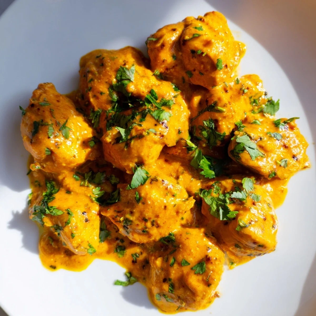 Golden-brown vegetable fritters and creamy butter chicken with cilantro garnish are served on a white plate.  