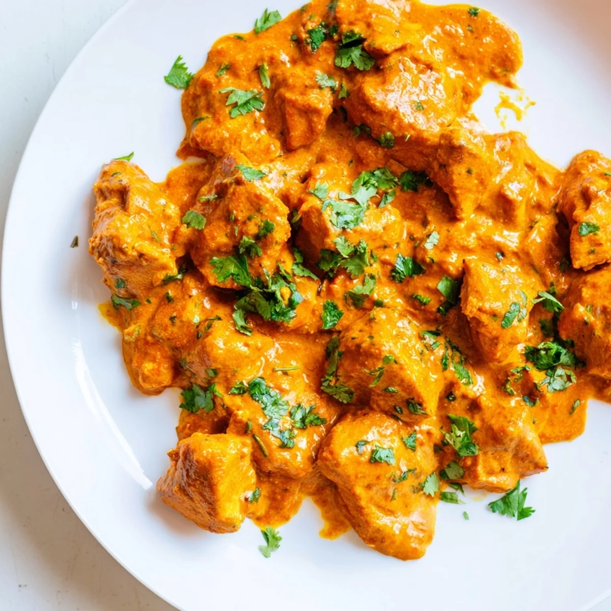 A close-up view of butter chicken and vegetable fritters with rich sauce and crispy edges.  