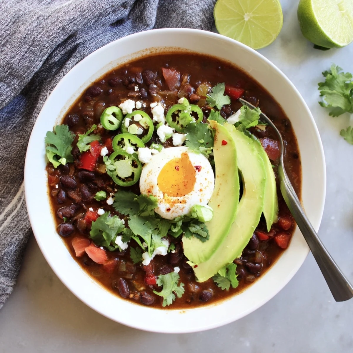 Close-up of Mexican Braised Beans With Soft Boiled Egg topped with sliced avocado and cilantro.