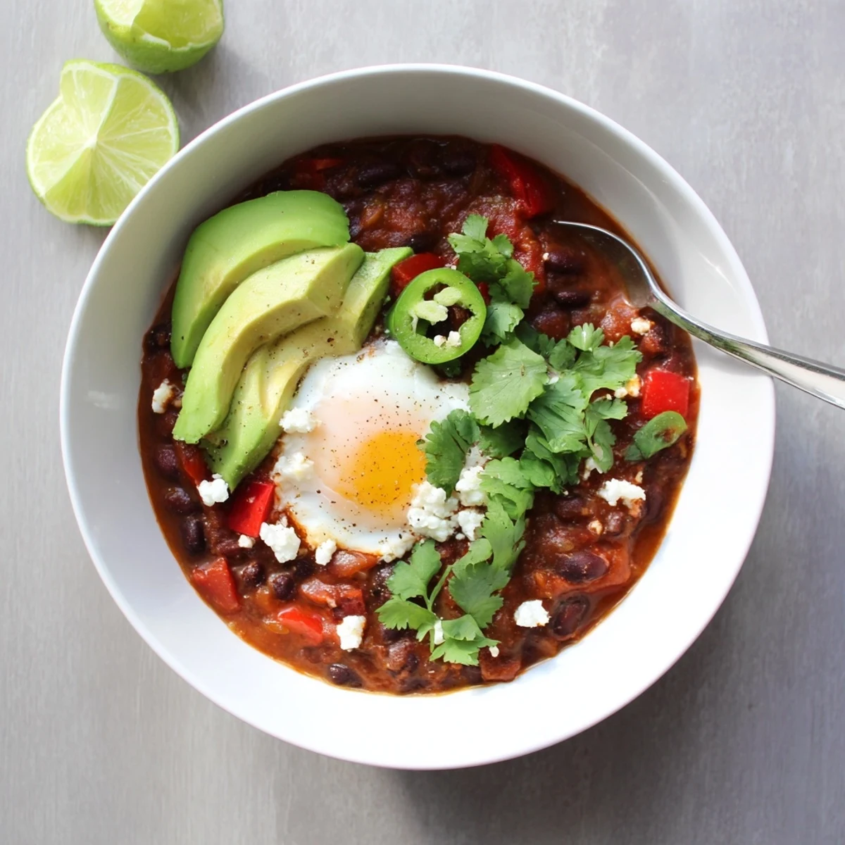 A rustic bowl of Mexican Braised Beans With Soft Boiled Egg garnished with queso fresco and lime wedges.
