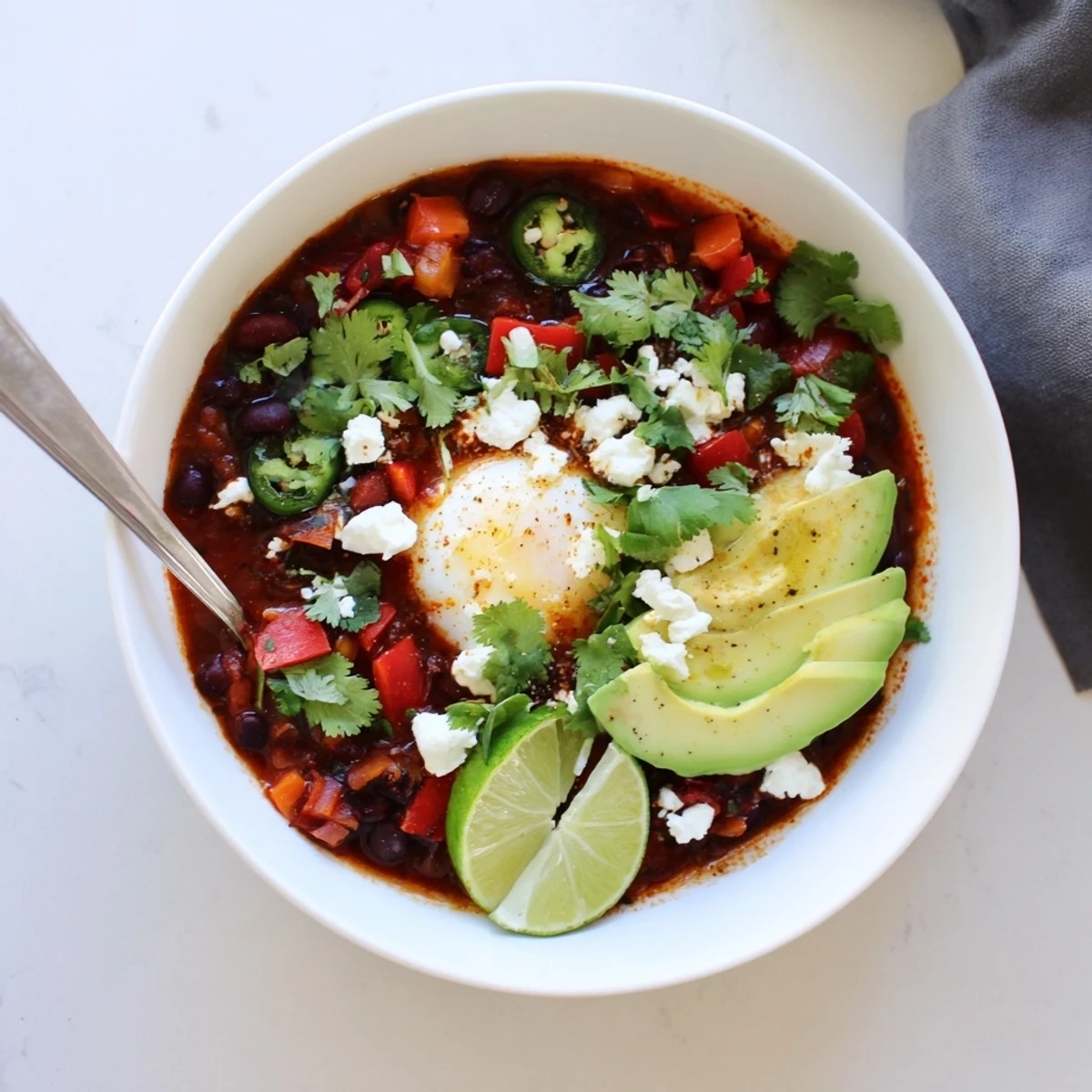 Steamy Mexican Braised Beans With Soft Boiled Egg served beside warm corn tortillas on a wooden table.