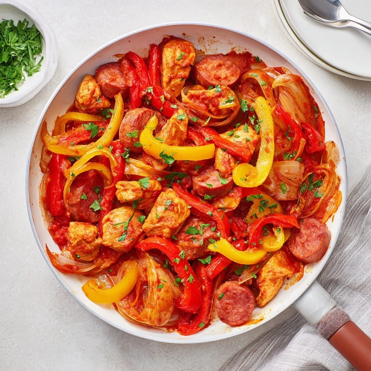 A close-up of Capsicum, Tomato, and Chicken with Chorizo in a skillet, showing tender chicken and smoky chorizo in a rich tomato sauce with vibrant peppers.