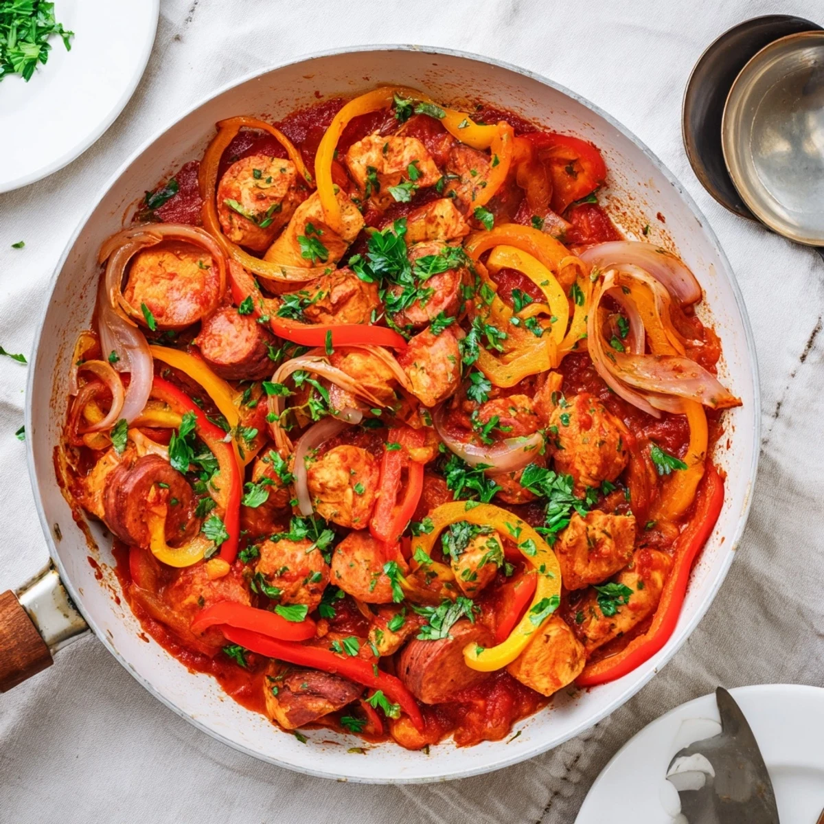 Overhead view of Capsicum, Tomato, and Chicken with Chorizo in a pan, featuring colorful bell peppers and onions simmering in a savory, gluten-free dinner sauce.