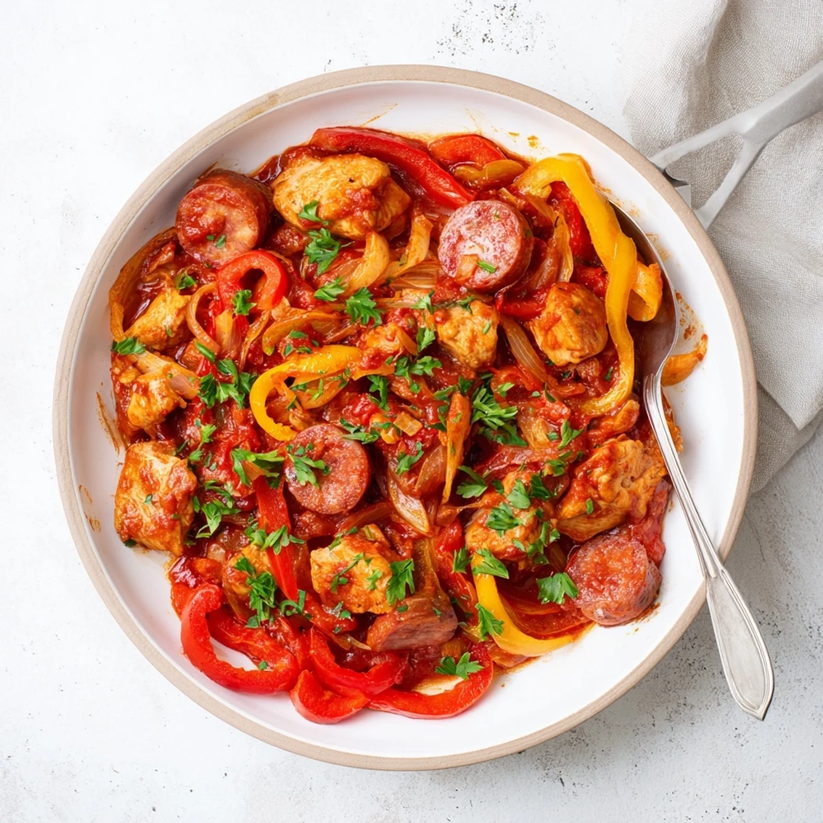 Serving suggestion for Capsicum, Tomato, and Chicken with Chorizo, garnished with fresh parsley and served alongside crusty bread for a hearty weeknight meal.