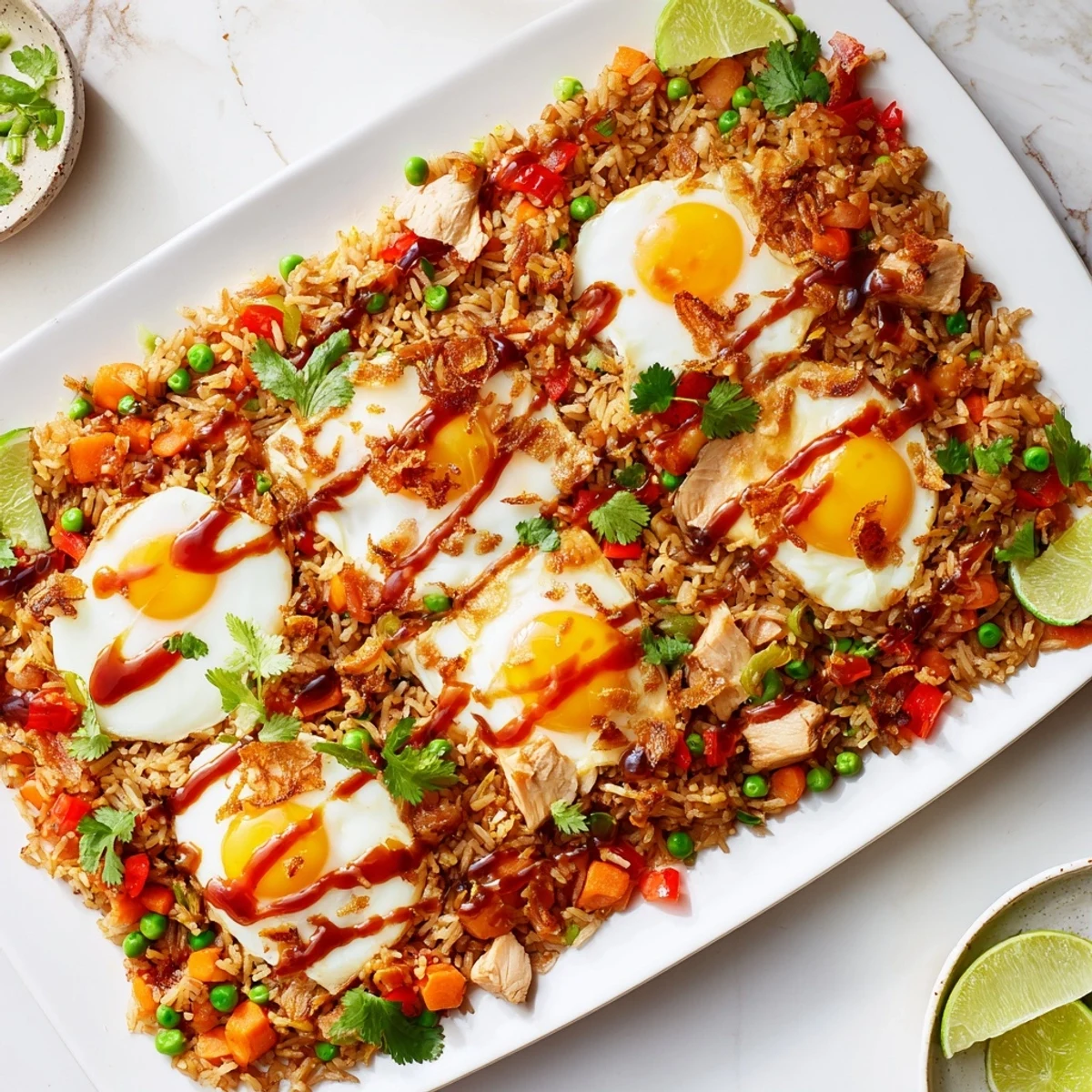 This Nasi Goreng Tray Bake shows steaming Indonesian-style rice with chicken, bell peppers, and garnishes on a large serving tray.