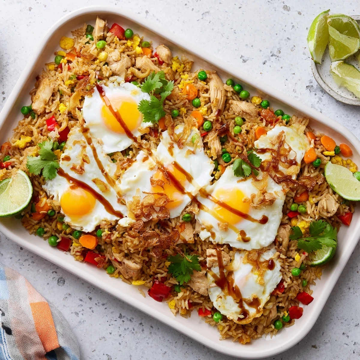 A close-up of the Nasi Goreng Tray Bake with fluffy rice, vibrant vegetables, and golden chicken topped with a perfectly baked egg.
