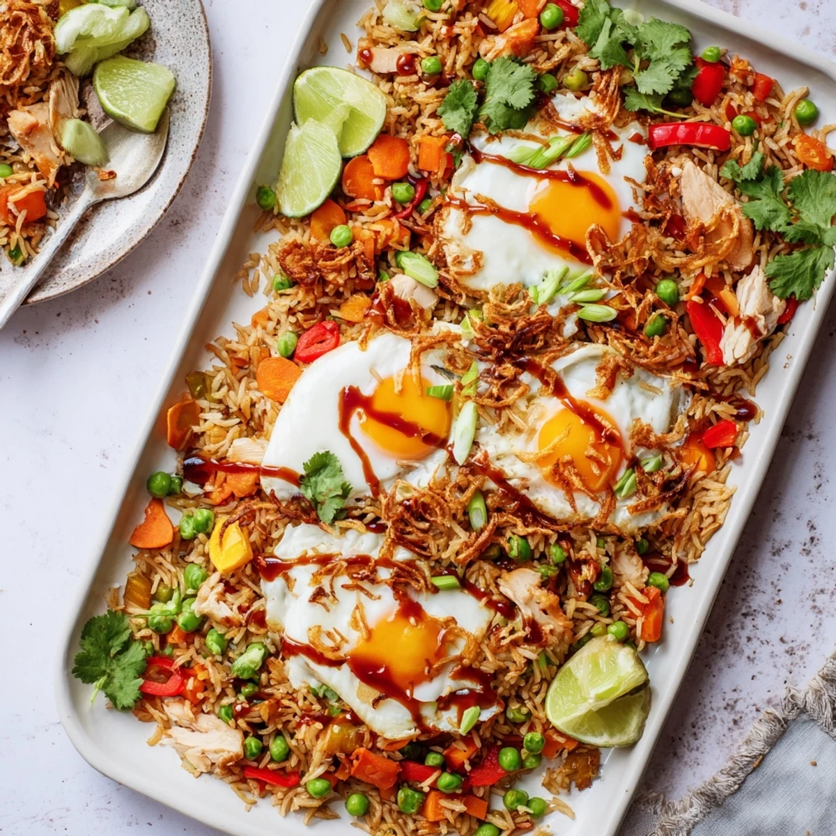 Freshly baked Nasi Goreng Tray Bake featuring succulent chicken, aromatic spices, and lime wedges, perfect for a family weeknight dinner.