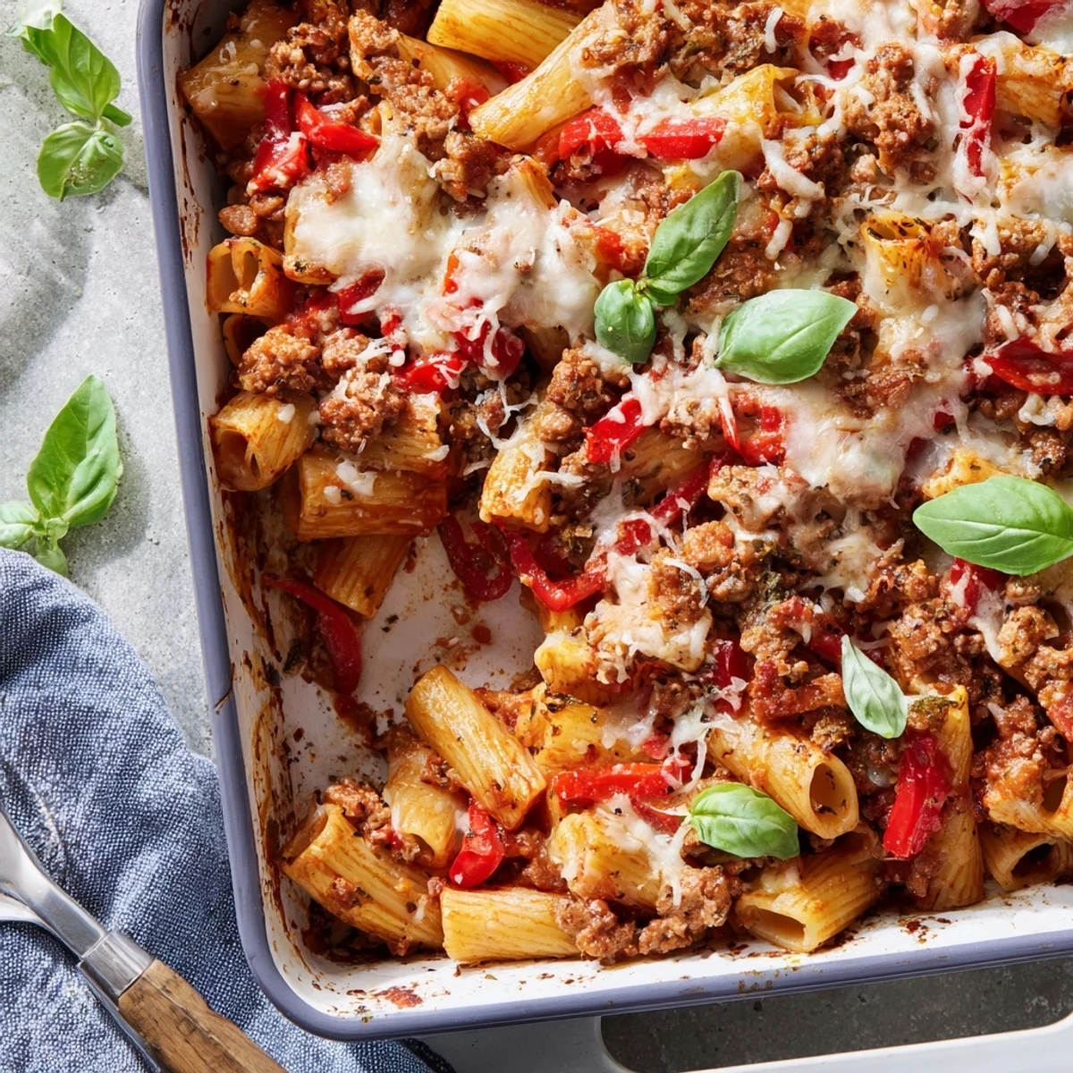 Golden, bubbly cheese tops the Quick Sausage Pasta Bake, with penne noodles and rich tomato sauce in a white baking dish.