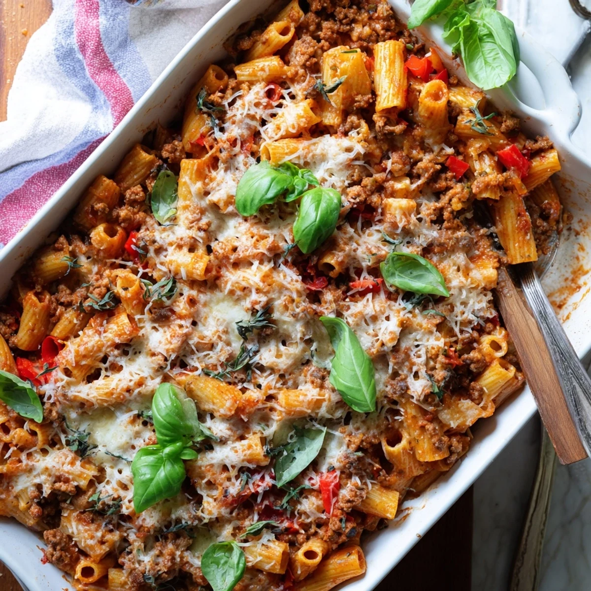 A close-up shows the Quick Sausage Pasta Bake, featuring savory sausage crumbles and melted mozzarella, ready to serve.