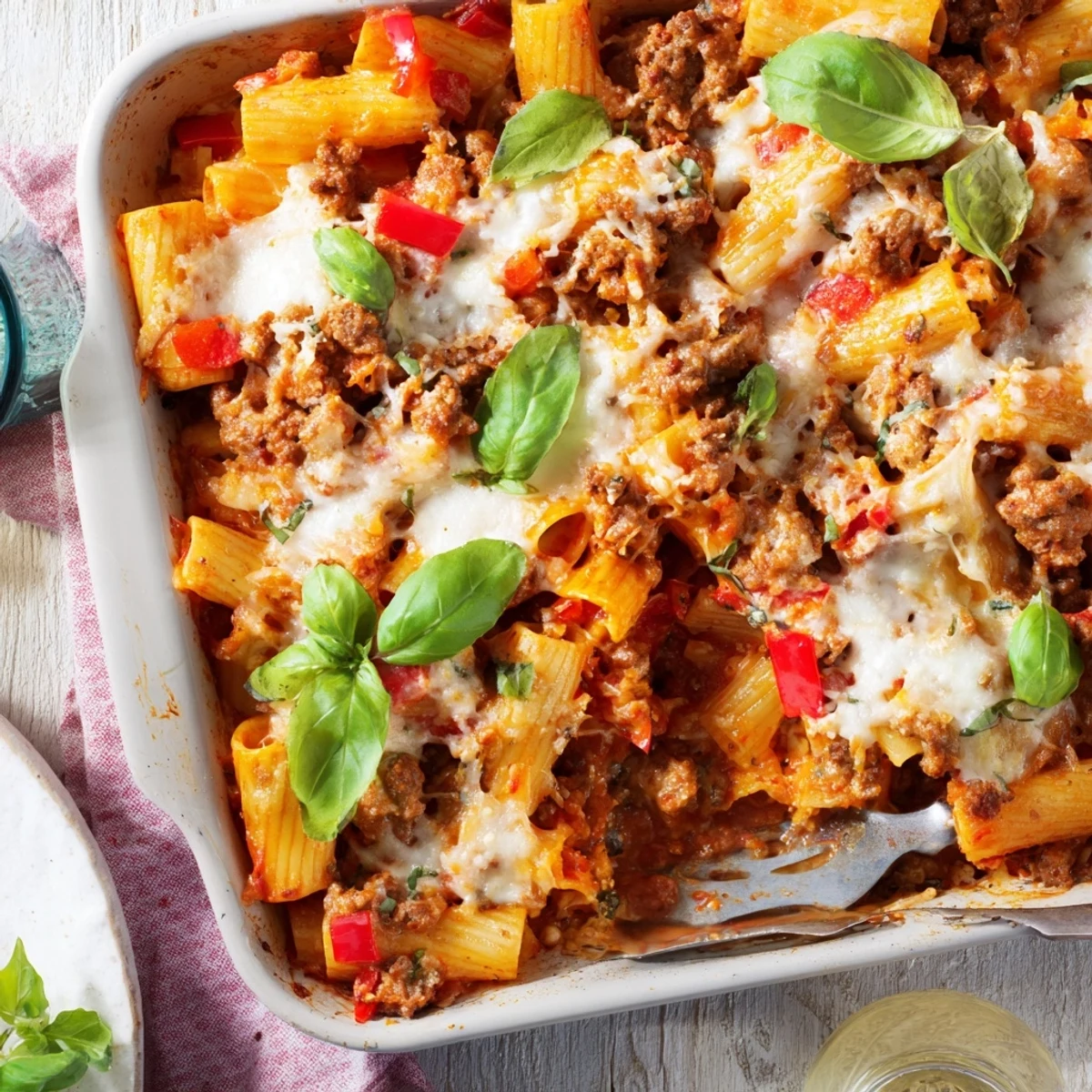 Steam rises from the Quick Sausage Pasta Bake, revealing gooey cheese and fresh basil garnish on a rustic wooden table.