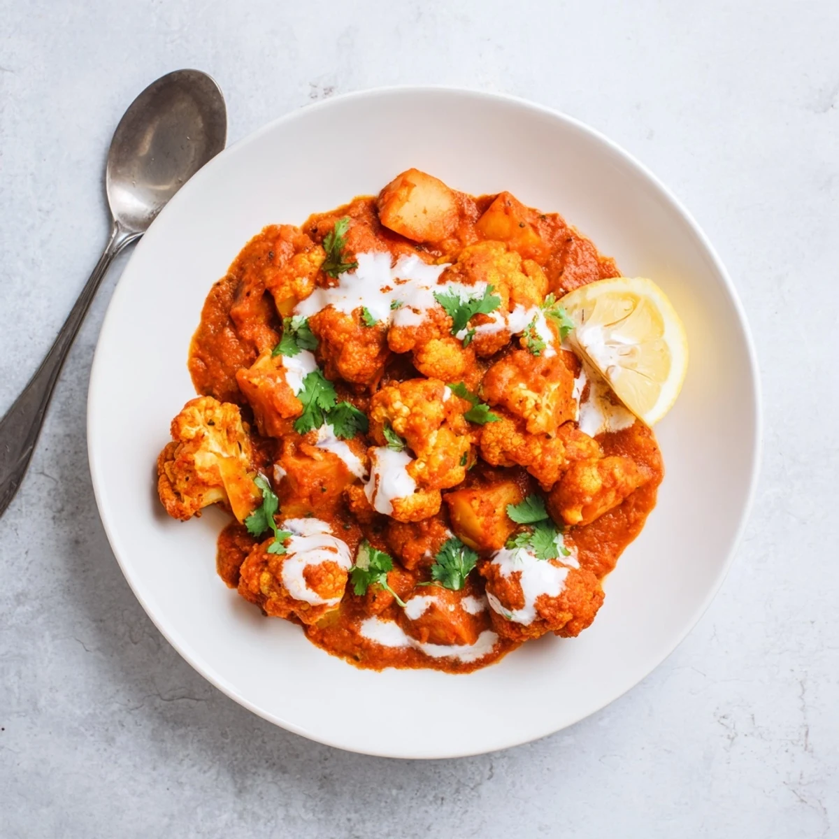Steam rises from a skillet of Indian Butter Spiced Potatoes and Cauliflower, with tender cubes and florets coated in a rich, creamy tomato sauce.