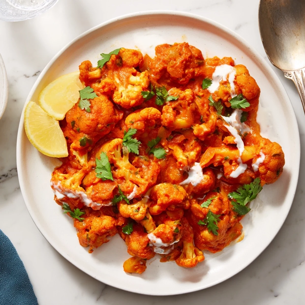 An overhead view of Indian Butter Spiced Potatoes and Cauliflower reveals golden potatoes and vibrant cauliflower in a buttery, spiced tomato sauce.