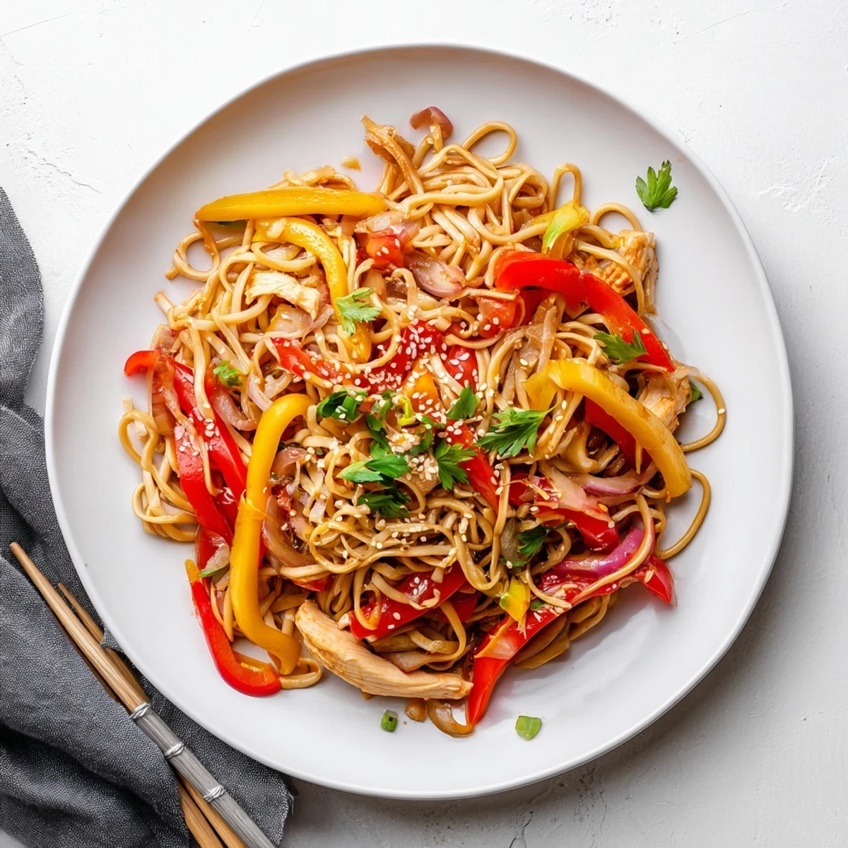 Spicy and tangy Sweet Chilli Turkey Noodle Stir Fry glistens with sauce, garnished with fresh green onions and sesame seeds.