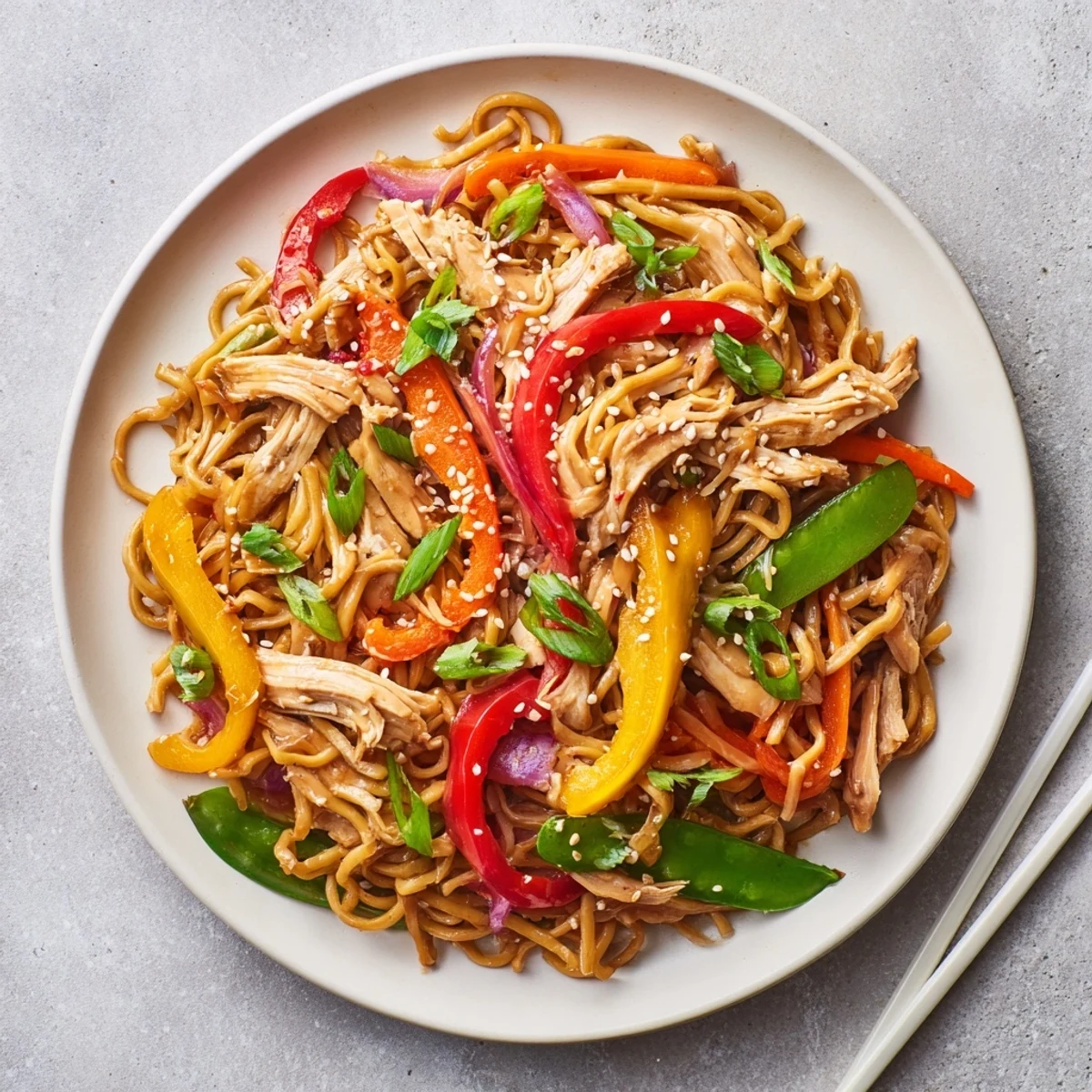 Freshly cooked Sweet Chilli Turkey Noodle Stir Fry with tender turkey and crisp vegetables served in a white bowl.