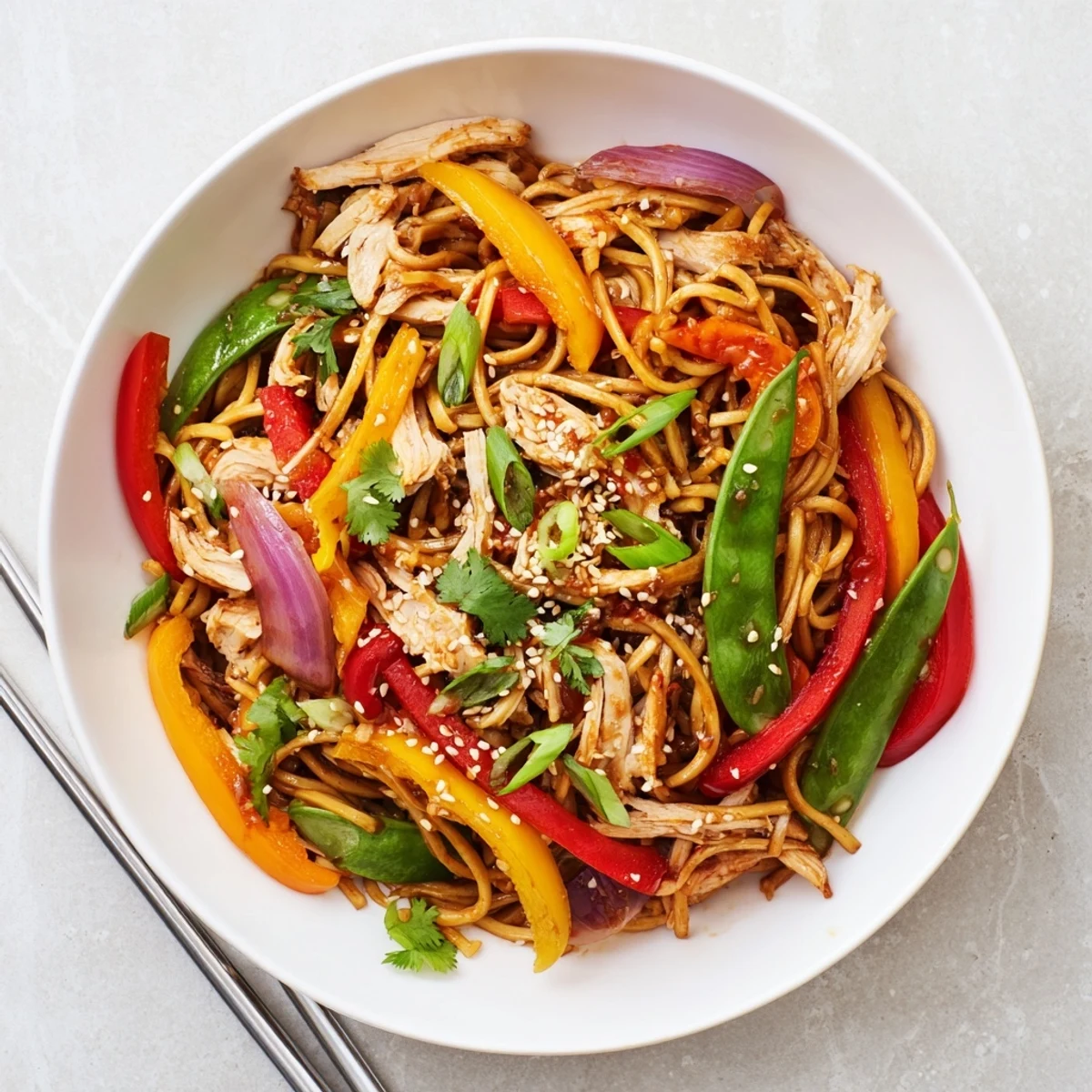 A close-up view of Sweet Chilli Turkey Noodle Stir Fry highlighting colorful bell peppers and noodles on a rustic wooden table.
