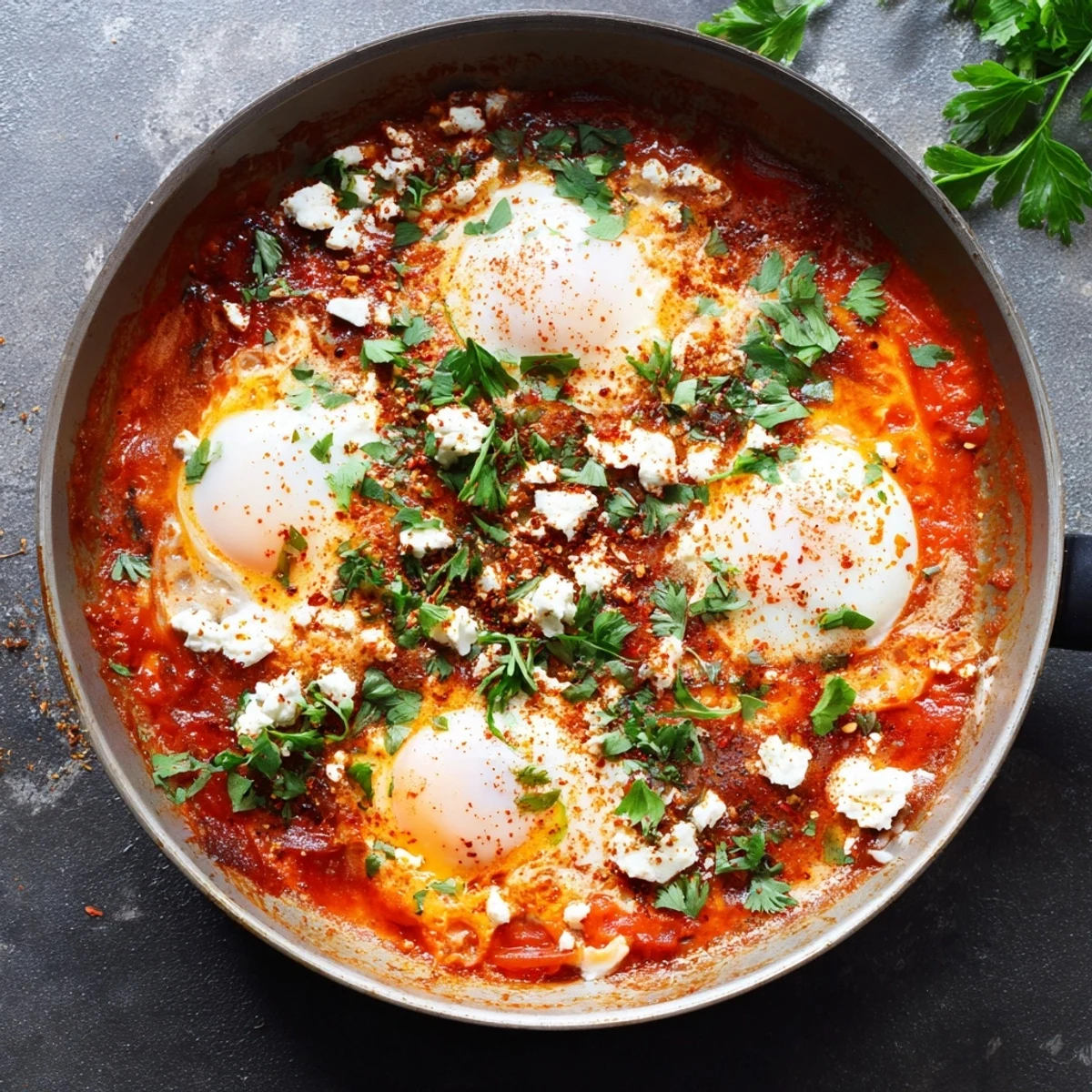 A close-up of Quick Shakshuka Eggs in a skillet, featuring four poached eggs in a rich, chunky red tomato and pepper sauce, garnished with fresh parsley and crumbled feta.