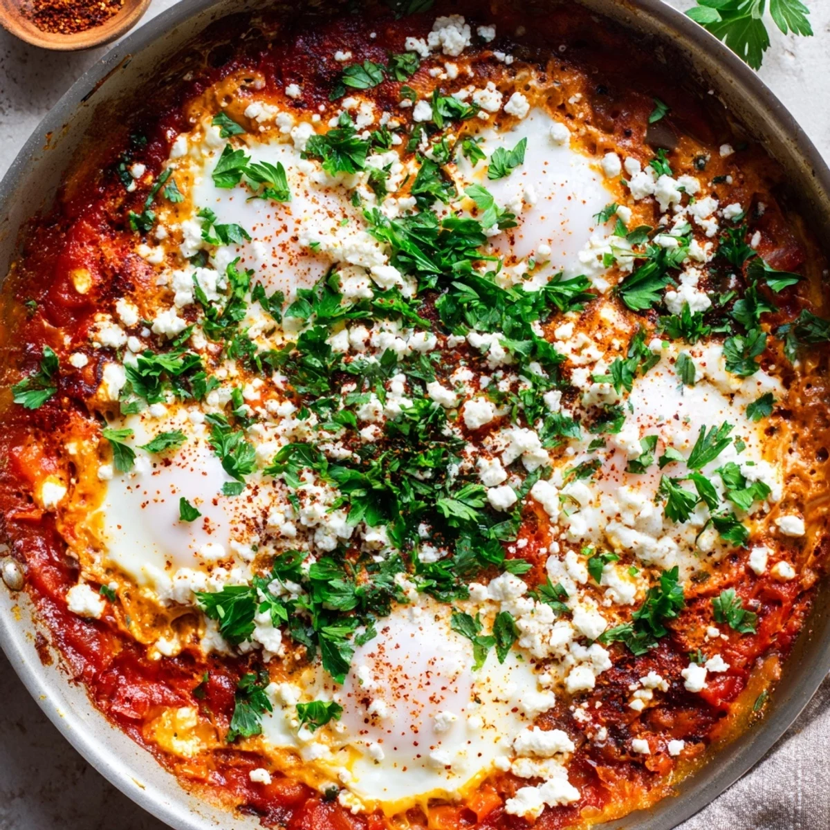 A beautiful serving of Quick Shakshuka Eggs with runny yolks nestled in a spicy tomato sauce, accompanied by a slice of crusty bread ready for dipping.