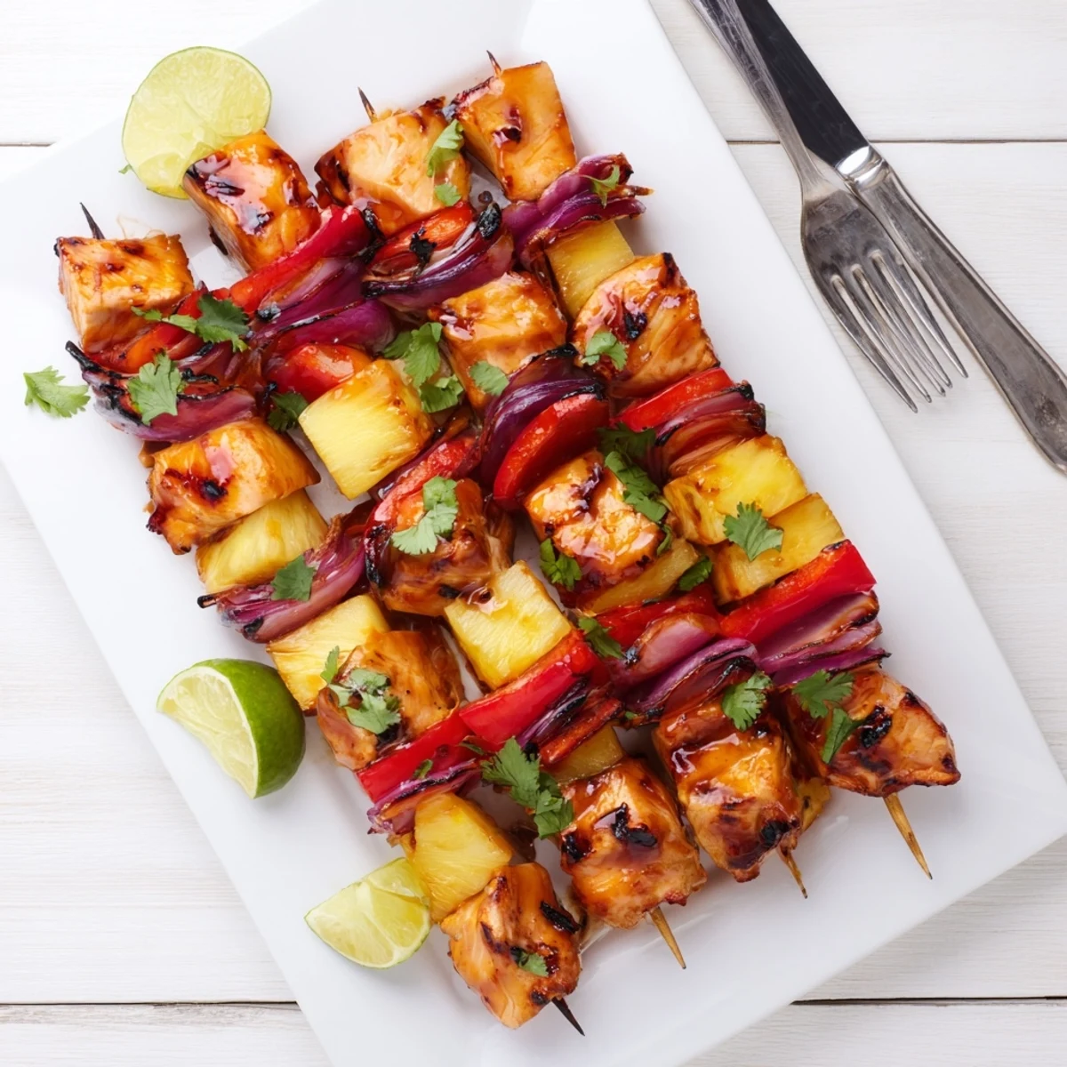 Grilled Chicken and Pineapple BBQ Skewers showing charred edges and caramelized sweet fruit on a wooden platter.