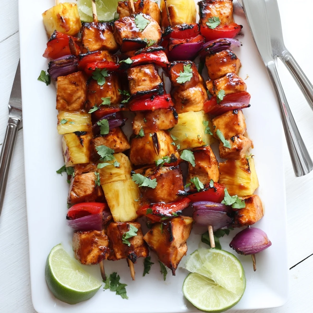 Close up view of Chicken and Pineapple BBQ Skewers featuring juicy chicken cubes and vibrant bell peppers.