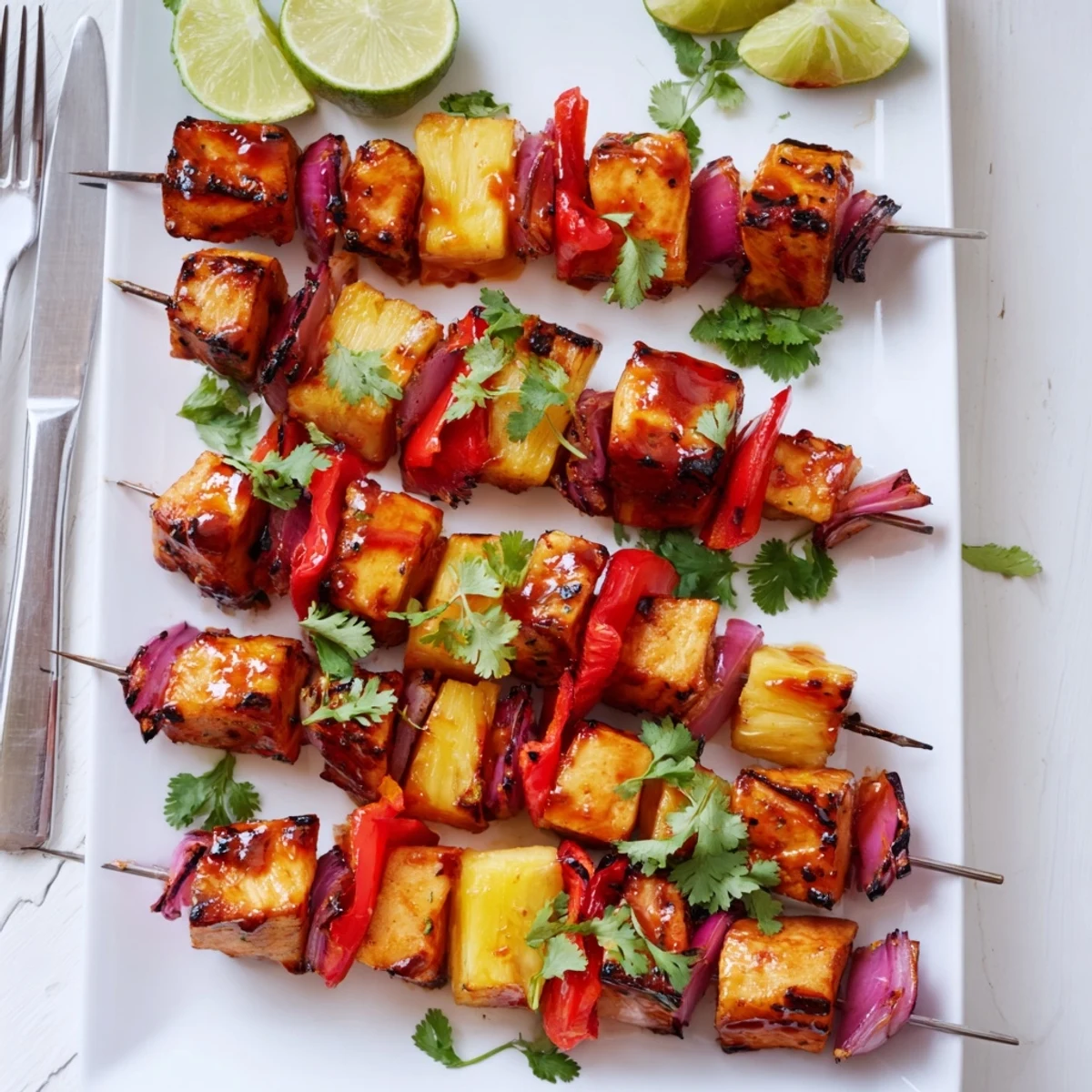 Sizzling Chicken and Pineapple BBQ Skewers fresh off the grill with lime wedges and cilantro garnish.