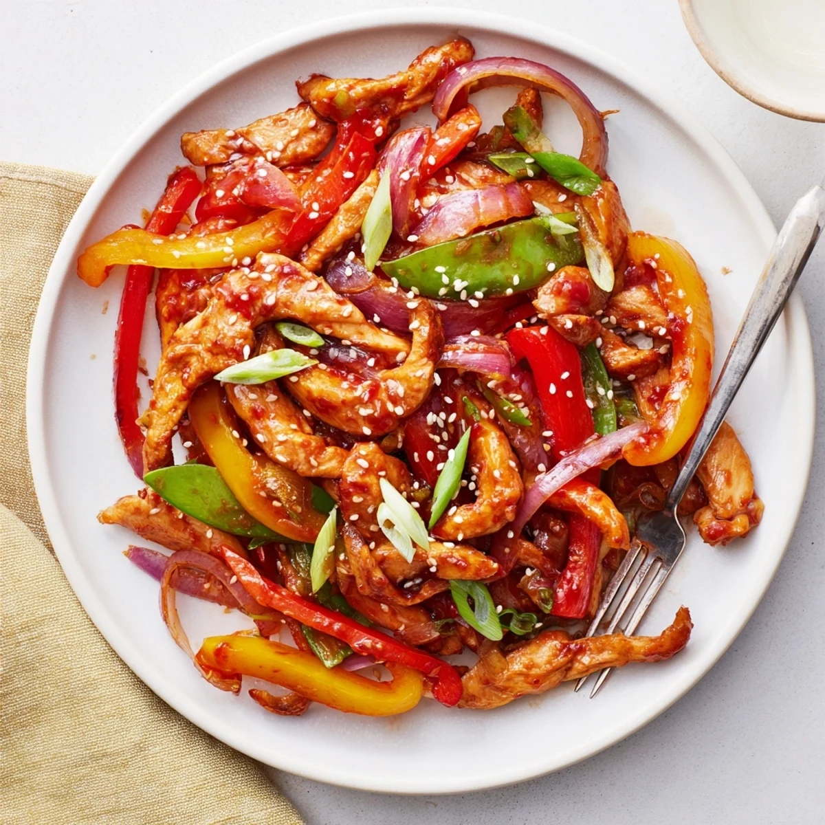 Golden-brown Quick Sweet Chilli Chicken Stir Fry with colorful bell peppers and snap peas glistening with sauce.