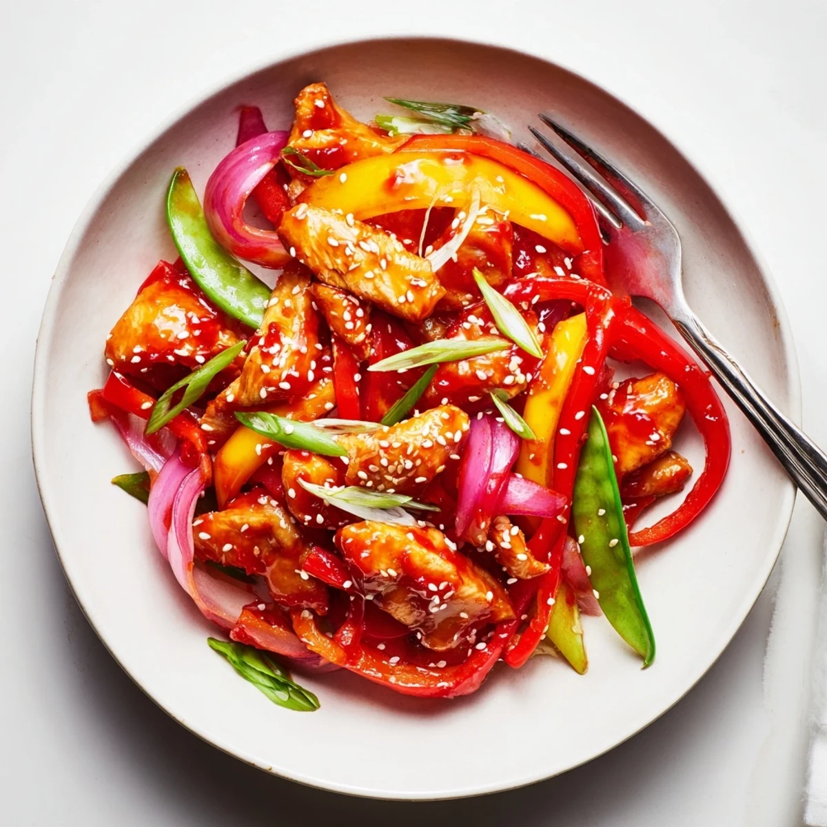 A close-up of Quick Sweet Chilli Chicken Stir Fry garnished with sesame seeds and fresh green onions.