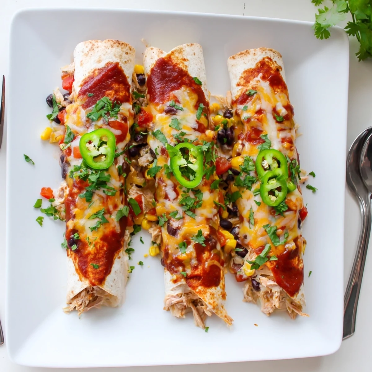 Golden chicken enchiladas bubbling with melted cheese and smothered in zesty red sauce